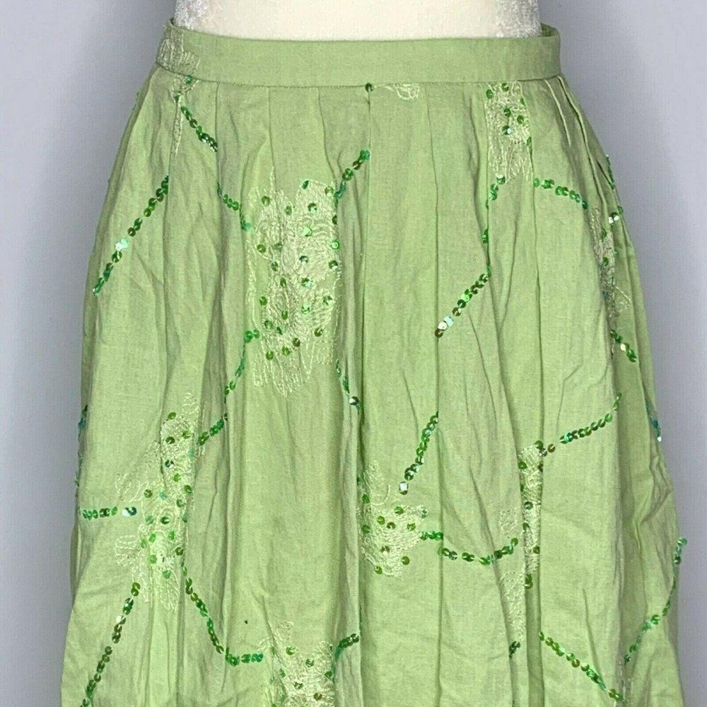 Beau Bois Linen Blend Midi Circle Skirt L Green
